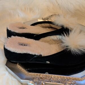UGG Black Slippers with Cream Fur Accent